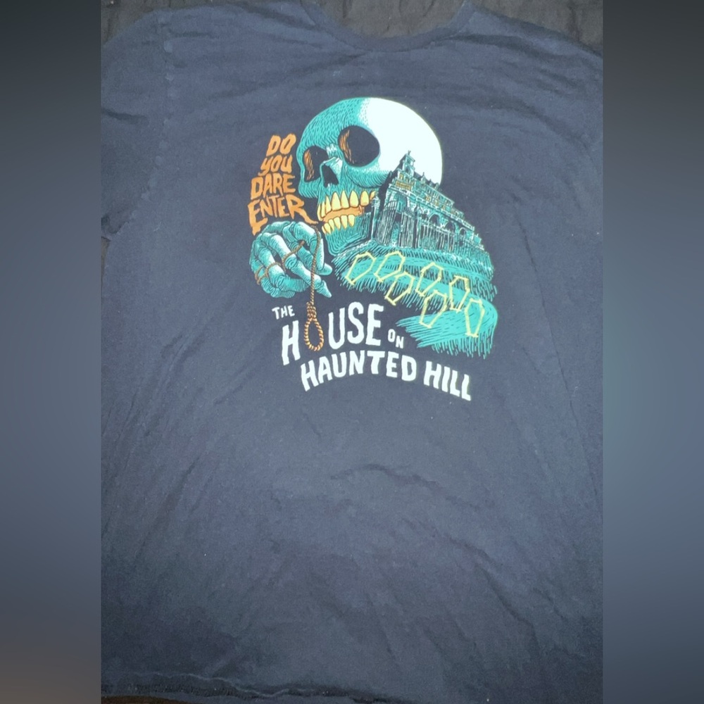 Black Graphic Tee with Skull and Haunted House Design
